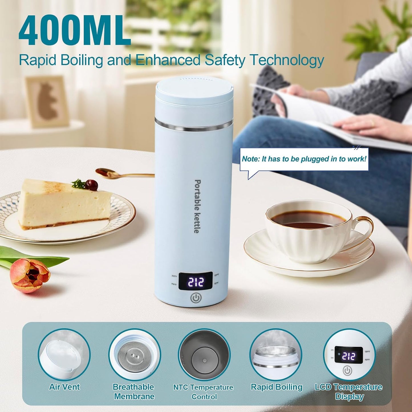 Touxila Portable Electric Kettle for Travel 120V, 13.5oz, 4 Temp Settings | 304 Stainless Steel Lining,Fast Boiling Water,Auto Shut-Off,Boil Dry Protection,Small Kettle for Office & Hotel(Beige, 400ML)