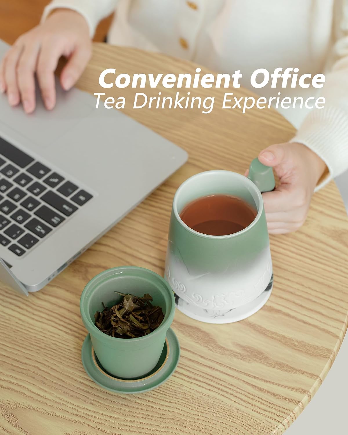 ZENS Tea Cup with Infuser and Lid & Coaster for Tea Steeper, 15oz Blue | Embossed Ceramic Tea Infuser Mug for Loose Leaf Tea Difussers, Tea Lovers Gifts, Nature Wood Handle