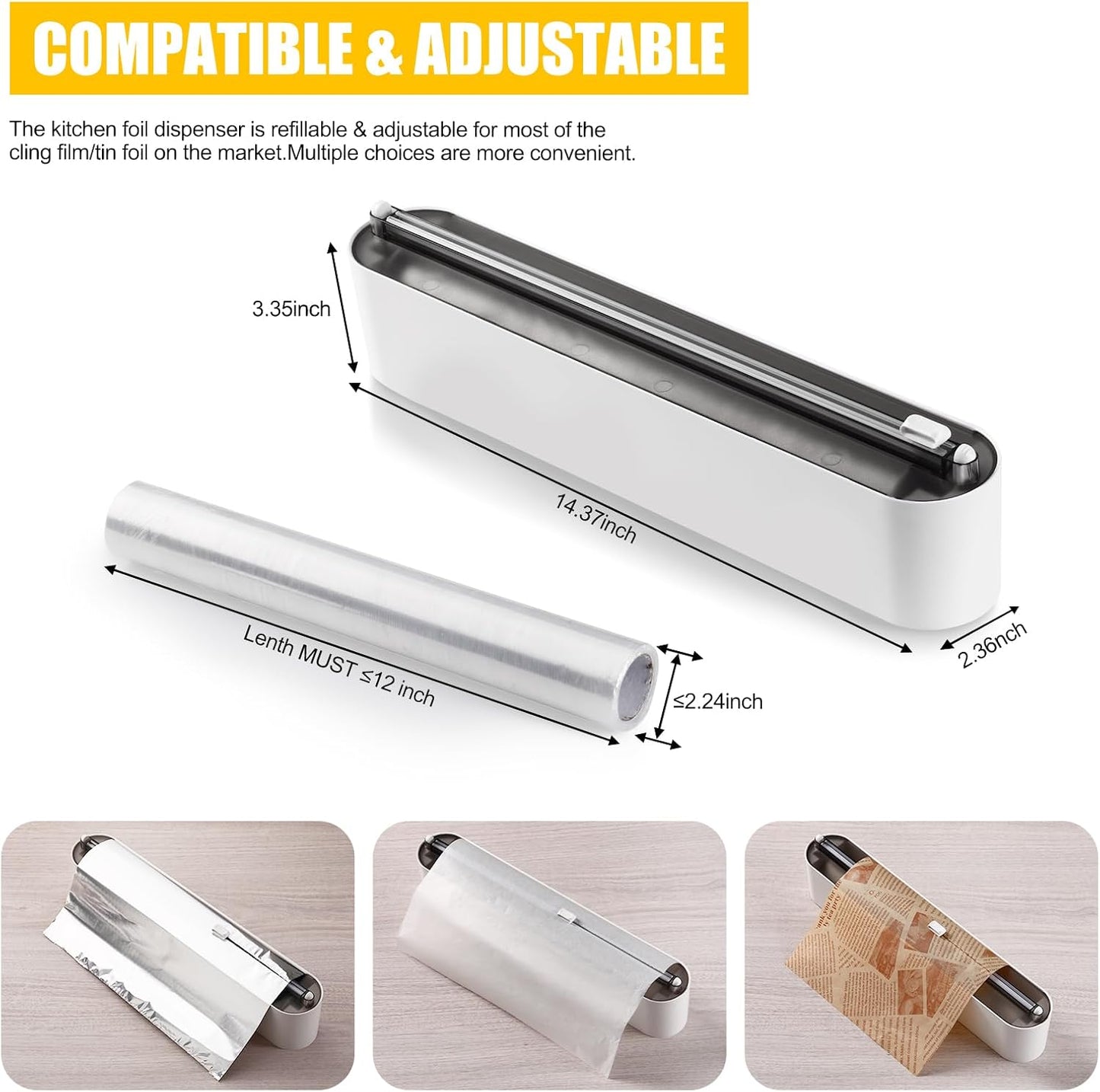 Aluminum Foil & Plastic Wrap Dispenser with Slide Cutter - Magnetic & No-Drill Wall Mount, Cling Film Dispenser for Worktops & Cabinets, Space-Saving Kitchen Organizer - Fits 12" Rolls, White