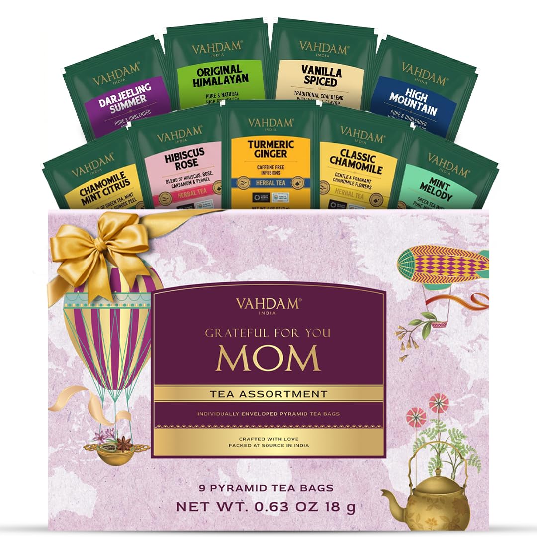 VAHDAM, Assorted Herbal Tea Sampler (18 Tea Bags, 9 Flavors) Caffeine-Free, Non-GMO | Double Infusion, Individually Enveloped Tea Bags | Herbal Tea Assortmen