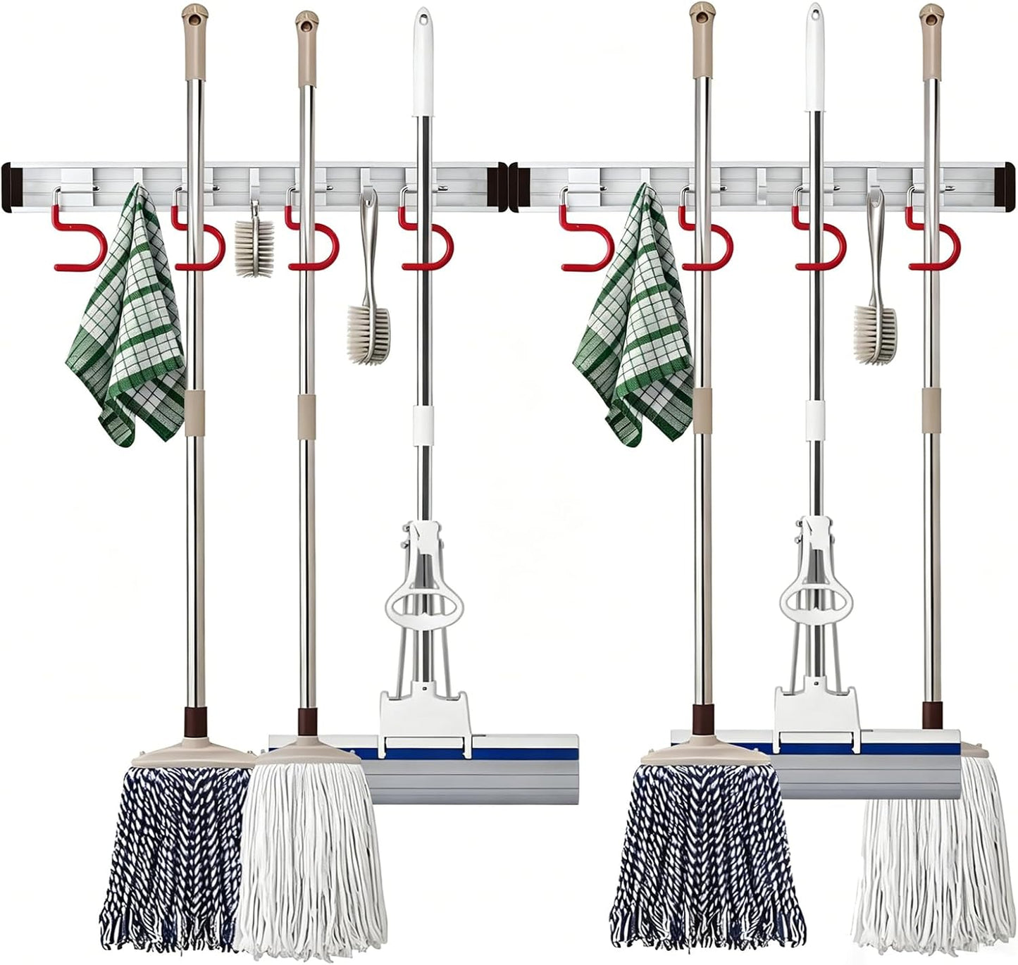 Wall Mounted Mop and Broom Holder Stainless Steel S Type Broom Rack Anti-Slip Mop Organizer (17 Inches,4 Positions 3 Hooks, Red black) (17inch)