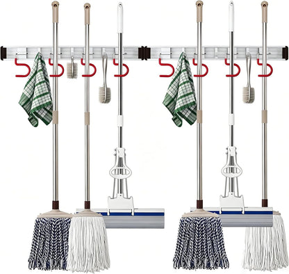 Wall Mounted Mop and Broom Holder Stainless Steel S Type Broom Rack Anti-Slip Mop Organizer (17 Inches,4 Positions 3 Hooks, Red black) (17inch)
