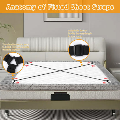 Bed Sheet Straps, 4Pcs Elastic Adjustable Bed Sheet Holder Straps, Fitted Sheet Straps to Hold Sheets in Place with Metal Clips, Sheet Holders for Mattress Cover, Sheet, Sofa Cushion (Black)