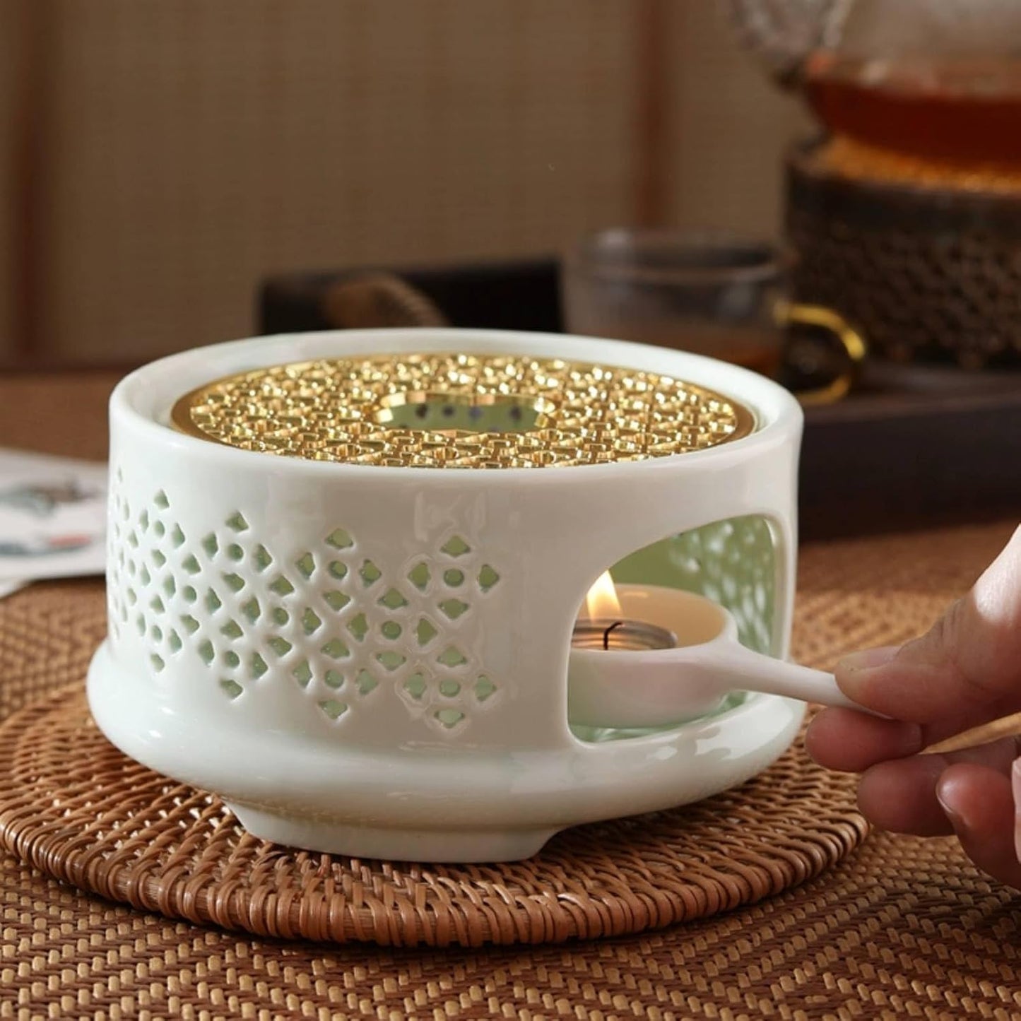 Teapot Warmer Ceramic Heater with Spoon Lid and Candle Holder Coffee Heating Device Glass Teapot Warming Stand for Milk (White)