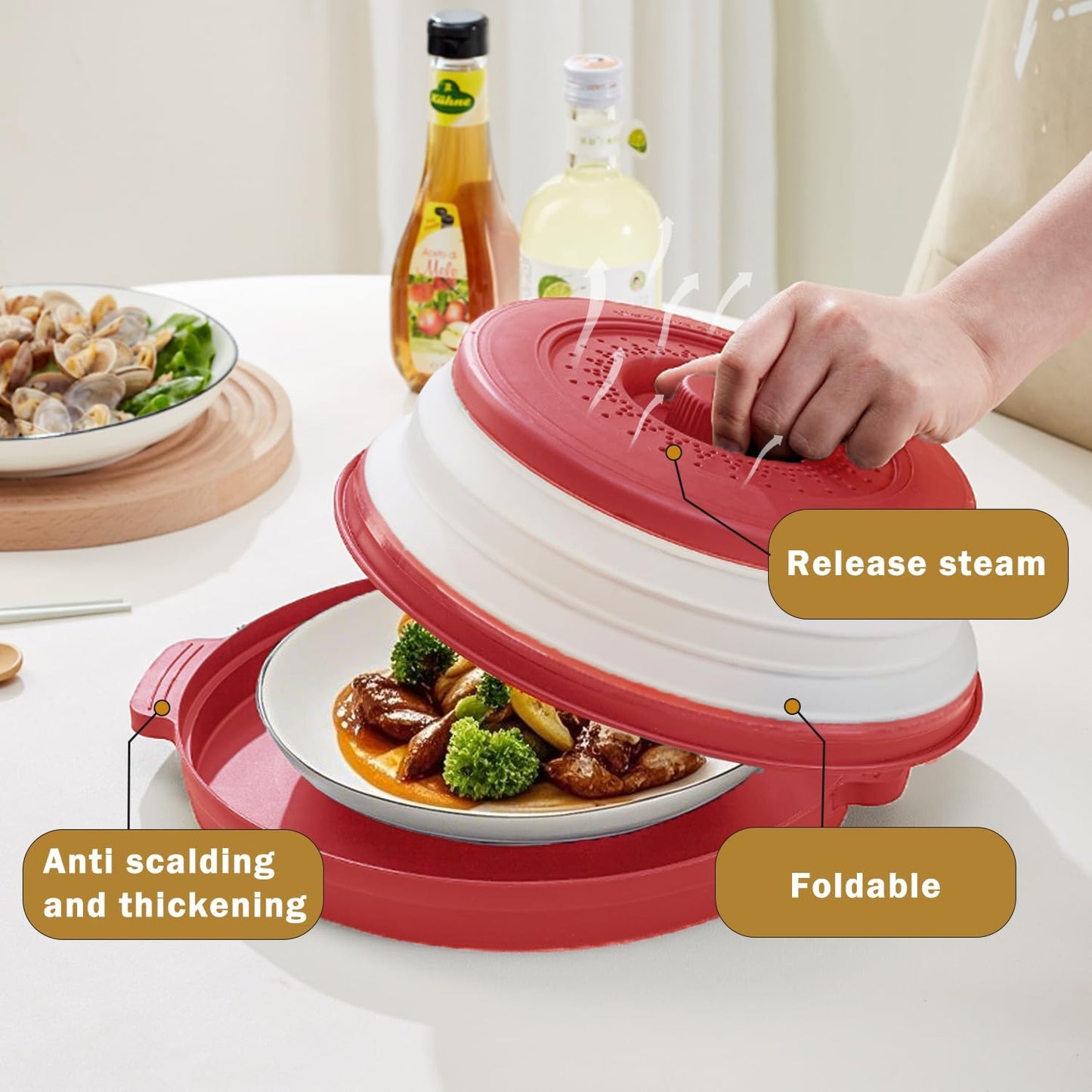 Microwave Splatter Cover with Anti-Scald Tray, 10.7" Collapsible - Red | Collapsible microwave food cover with an anti-scald tray. Fits most plates up to 10.7 inches and helps reduce food splatter.