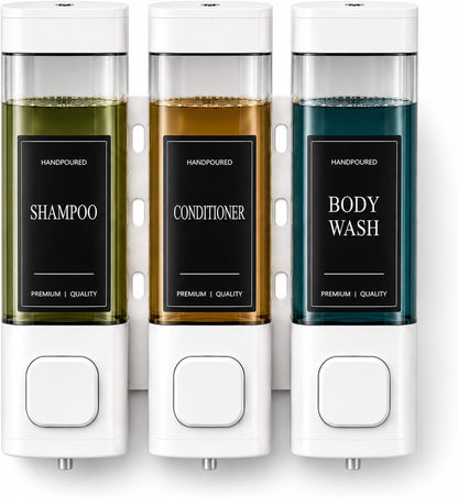Shampoo and Conditioner Dispenser, Shower Soap Dispenser Wall Mounted, Shower Dispenser 3 Chamber No Drill for Bathroom Large Capacity (Silver)