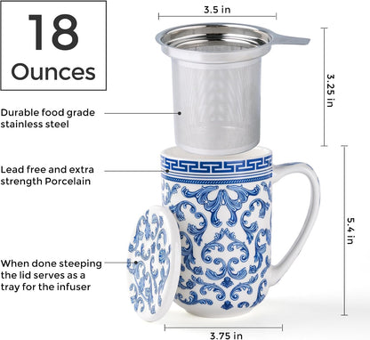 AmorArc Tea Cup With Infuser and Lid, 18oz Loose Leaf Tea Mug With Steeper | Porcelain Tea Mug With Infuser and Lid, Large Strainer Tea Cup with Lid for Tea, Coffee Mug for House-warming Birthday Gift