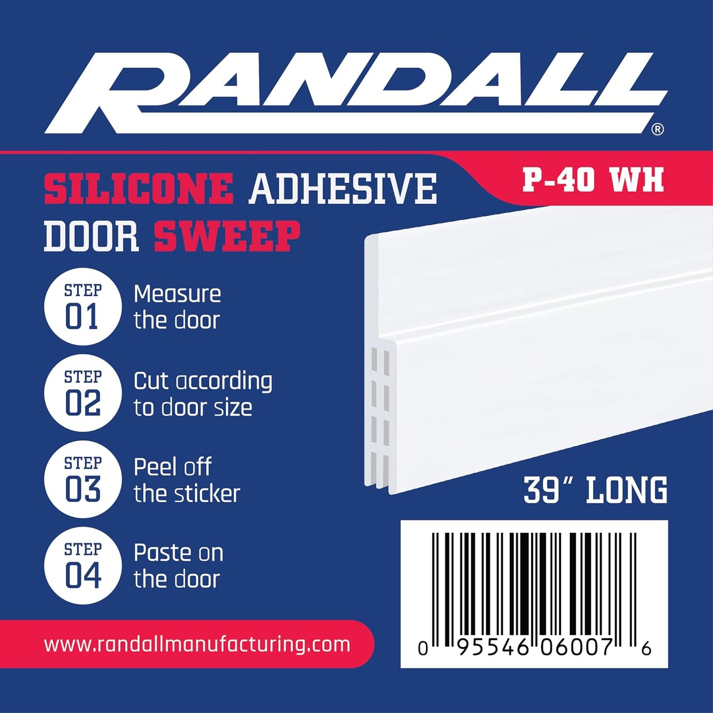 Adhesive Backed Door Draft Stopper – Silicone Under Door Sweep for Interior & Exterior Doors, Noise & Air Insulation, Self Stick Weather Stripping Door Seal, 2" W x 39" L (White) by Randall Mfg