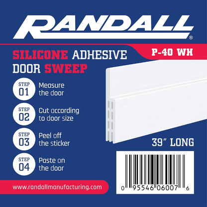 Adhesive Backed Door Draft Stopper – Silicone Under Door Sweep for Interior & Exterior Doors, Noise & Air Insulation, Self Stick Weather Stripping Door Seal, 2" W x 39" L (White) by Randall Mfg