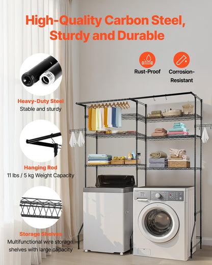 VEVOR Over the Washer and Dryer Storage Shelf, 5 Tier Laundry Room Drying Rack with Hanger Rod and Hooks, Adjustable Over Washer and Dryer Shelves, Laundry Room Shelf Storage Space Saver, White