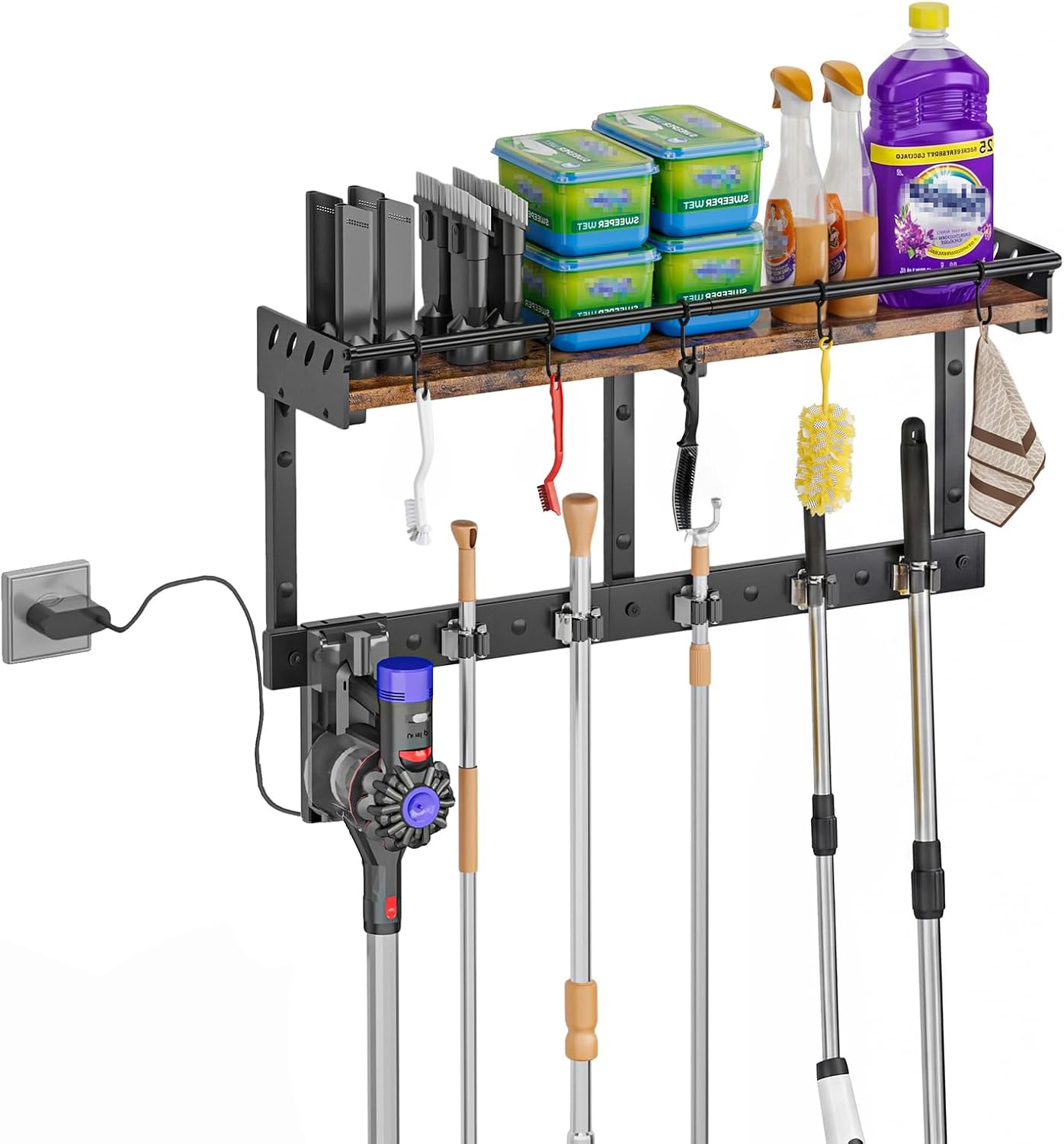 Broom Holder Wall Mount with Shelf, Black, L | 3 in 1 Broom and Mop Organizer, Wall Hanging, For Laundry, Garage, Utility, Vacuum Stand Alternative