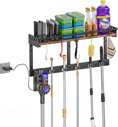 Broom Holder Wall Mount with Shelf, Black, L | 3 in 1 Broom and Mop Organizer, Wall Hanging, For Laundry, Garage, Utility, Vacuum Stand Alternative