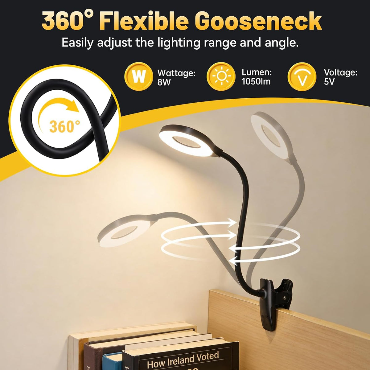 Clip on Reading Light for Bed Headboard, 5 Colors & 5 Brightness, Black