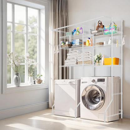 VEVOR Over the Washer and Dryer Storage Shelf, 5 Tier Laundry Room Drying Rack with Hanger Rod and Hooks, Adjustable Over Washer and Dryer Shelves, Laundry Room Shelf Storage Space Saver, White