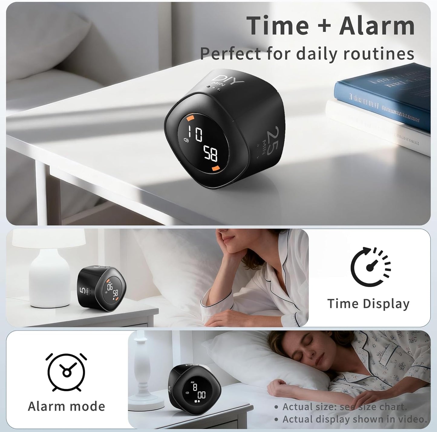 VEWINGL Cube Productivity Timer, 25/5/10/45 Min Presets, Desk Flip Timer for Pomodoro Study Sessions, Vibration & Custom Modes for ADHD, Work, Study & Kitchen (Black)