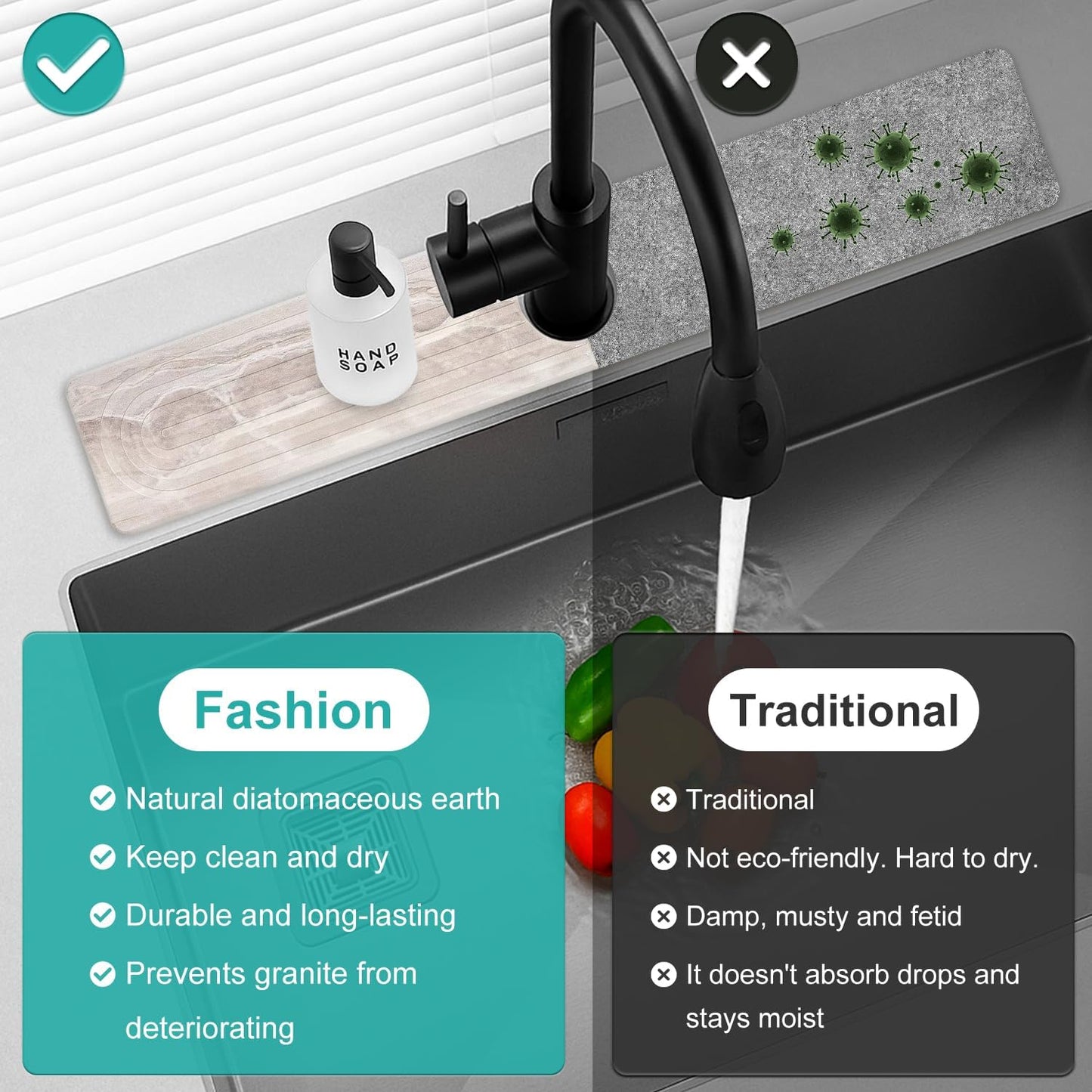 Fast Dry Stone Faucet Mat for Bathroom Sink Kitchen Counter Marble Trays | Small Diatomite Sink Splash Guard White Absorbent Tray Counter Quick Drying Stone Kitchen Diatomaceous Earth Around Faucet