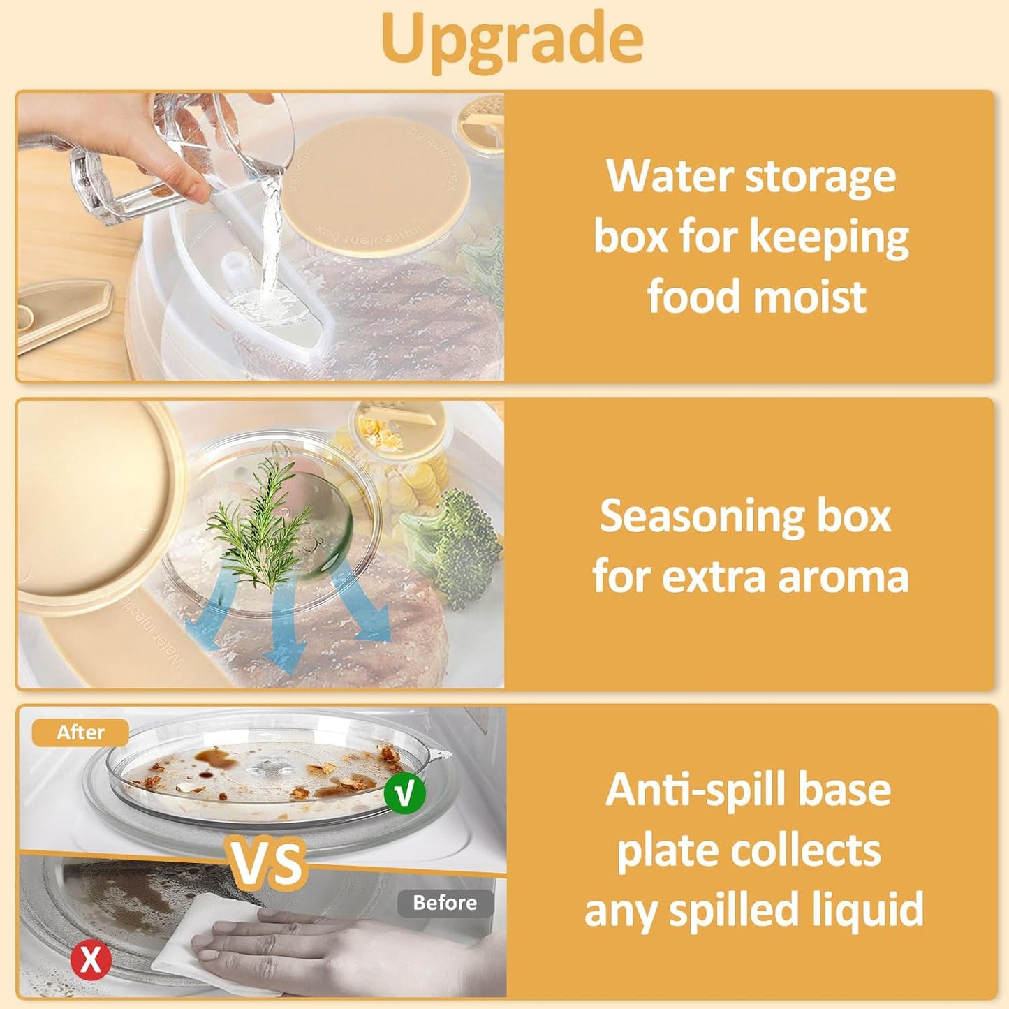 10” Microwave Splatter Cover with Water Steamer and Anti-Spill Base Plate | Built-in Seasoning Box, Collapsible Microwave Cover for Food with Handle & Hanging Hole, Vent Adjustable, BPA-Free, Reusable