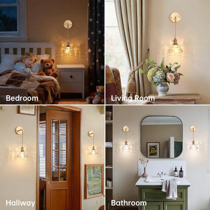 Shenmoyl Battery Operated Wall Sconce Wall Lamp with Green Lily of the Valley Shade Pattern Glass Adjustable Chain Retro Gold Wall Mounted Light, Modern Wall Lamp Fixtures Decor for Bedside Bedroom