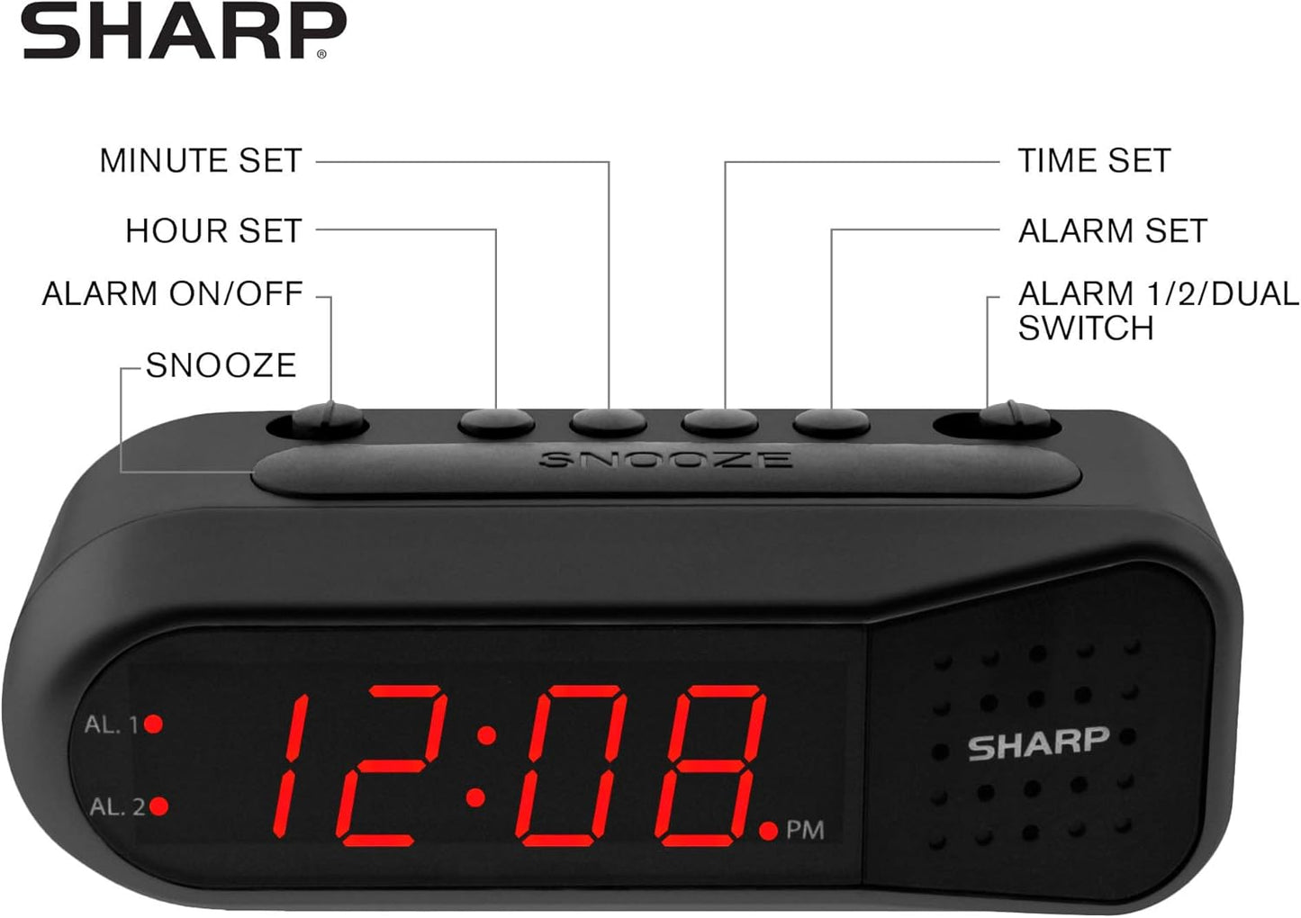 Sharp Digital Alarm Clock for Heavy Sleepers, Dual Alarm, Red LED, Black | Ascending wake sound, weekday/weekend scheduling, 9-minute snooze, easy-set controls, 2 AA backup, bedroom, dorm, office