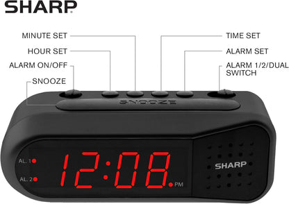 Sharp Digital Alarm Clock for Heavy Sleepers, Dual Alarm, Red LED, Black | Ascending wake sound, weekday/weekend scheduling, 9-minute snooze, easy-set controls, 2 AA backup, bedroom, dorm, office