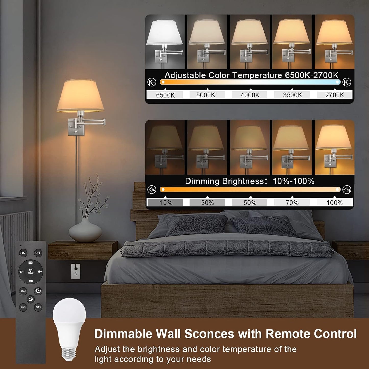 TRLIFE Wall Sconce Plug in, Dimmable Wall Sconces Set of Two Swing Arm Wall Lights with Plug in Cord and On/Off Dimmer Rotary Switch, 9.4" Medium Beige Fabric Shade(2 Pack, 2 Bulbs)