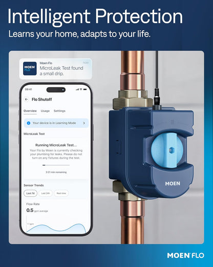 Moen Flo Shutoff, 3/4" Automatic Water Leak Detector & Shutoff, 900-001 | Automatic Shutoff, Leak Detection, MicroLeak Tests, Monitors Flow, Pressure, Moisture, and Temperature, WiFi App Control