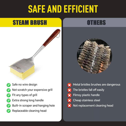 Bristle-Free Steam Cleaning Grill Brush Kit – Luxurious Long Rosewood Handle, Includes 1 Replacement Head – Safe BBQ Grill Cleaning for Outdoor Grill – Great Gift for Men/Dad