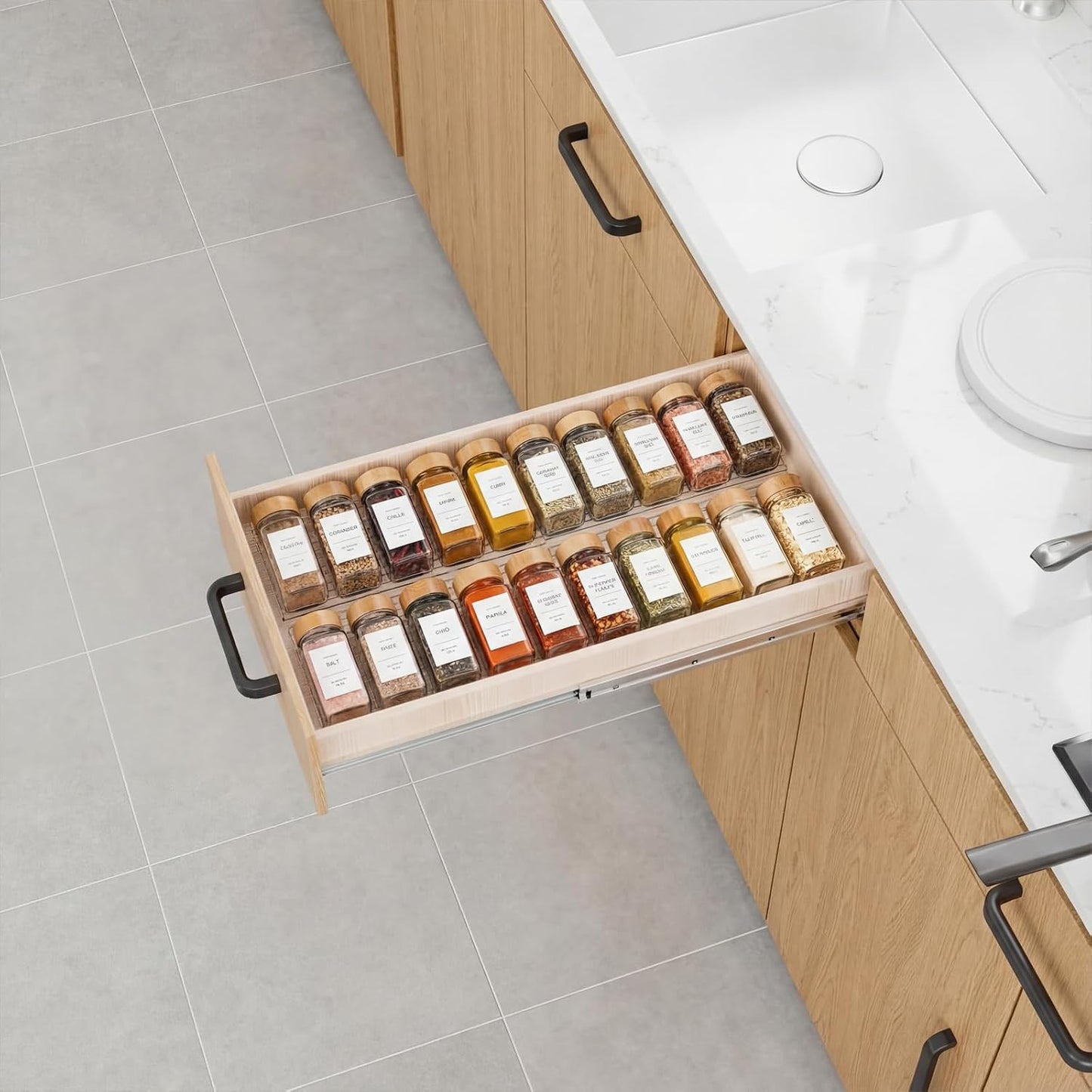 8 Pack Adjustable Spice Rack for Drawer- Expandable From 11" to 22" Expandable Spice Drawer Organizer 4 Tiers Acrylic Seasoning Organizer Rack,Clear Spice Rack Tray for Spices,Condiment (8)