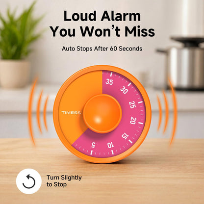 60-Minute Visual Timer, Twist to Set, Loud Battery-Powered Alarm, Minimalist Rotary Countdown Dial for Office, Study, Work & Home Time Management (Black)