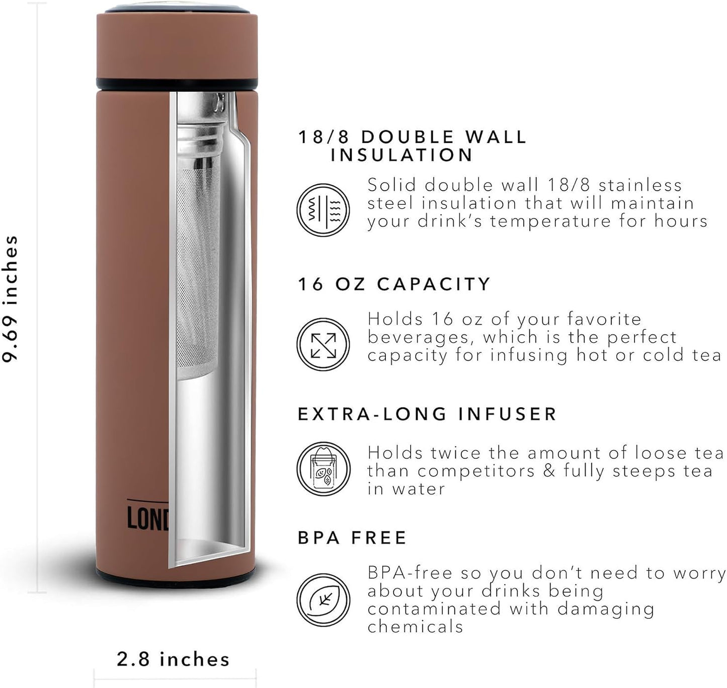 London Sip Multi-Purpose Tea Infuser Travel Mug and Tumbler Fruit Infuser Flask Hot and Cold Double Wall Stainless Steel Thermos with Extra-Long Infuser, Midnight Teal