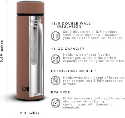 London Sip Multi-Purpose Tea Infuser Travel Mug and Tumbler Fruit Infuser Flask Hot and Cold Double Wall Stainless Steel Thermos with Extra-Long Infuser, Midnight Teal