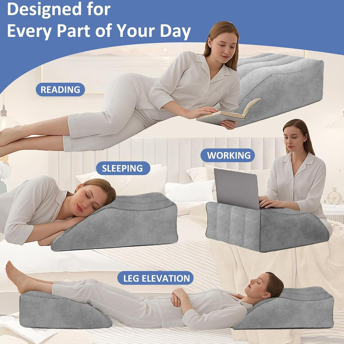 Portable Inflatable Wedge Leg Elevation Pillow - Foldable 45 Degree Wedge Leg Bolster Pillow Use in Bed, Adjustable Incline for Sleeping,Travel,Back Support,Reduce Swelling, Improve Circulation (Grey)