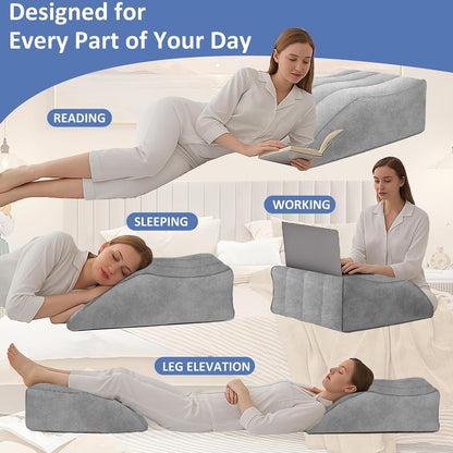 Portable Inflatable Wedge Leg Elevation Pillow - Foldable 45 Degree Wedge Leg Bolster Pillow Use in Bed, Adjustable Incline for Sleeping,Travel,Back Support,Reduce Swelling, Improve Circulation (Grey)