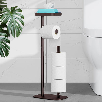 Kitsure Metal Toilet Paper Holder Free Standing, Medium, Black | Rustproof Toilet Paper Stand for 4 Rolls, Bathroom Organizers and Storage with Anti-Slip Base and Plastic Shelf