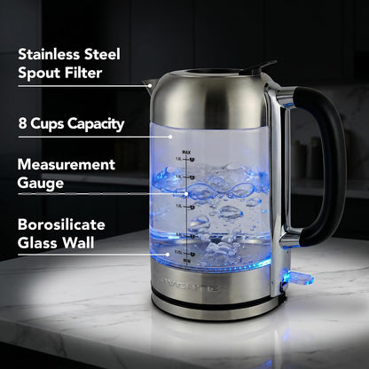 OVENTE 1.8L Glass Electric Kettle Water Boiler, Silver KG751S | 1500W Fast Boiling, Easy Fill Lid, Borosilicate Glass, BPA-Free, Blue LED, Auto Shut-Off, Boil-Dry Protection, Cordless