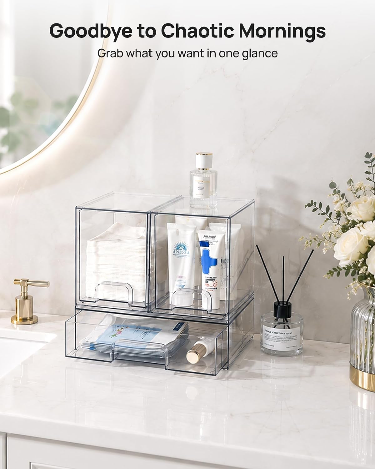 Vtopmart Clear Stackable Storage Drawers Set of 6, Plastic Organizer Bins | Multi-purpose Boxes for Bathroom Accessories Storage, Ideal for Cabinet, Shelf, Pantry, Laundry Room Organization