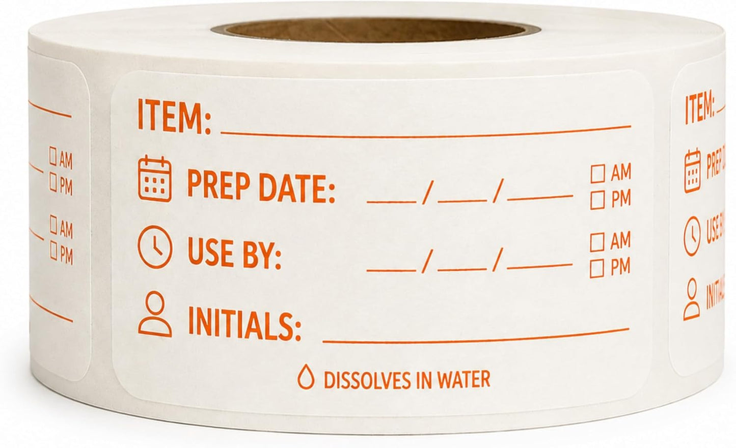 Water Dissolvable Prep & Use By Food Labels, 1 x 2, 500/Roll | Writable Rotation Stickers with Item, Date, AM/PM and Initials for Restaurants, Kitchens, Freezers and Storage. Made in USA
