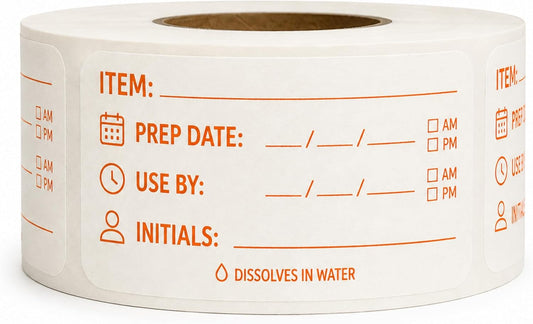 Water Dissolvable Prep & Use By Food Labels, 1 x 2, 500/Roll | Writable Rotation Stickers with Item, Date, AM/PM and Initials for Restaurants, Kitchens, Freezers and Storage. Made in USA
