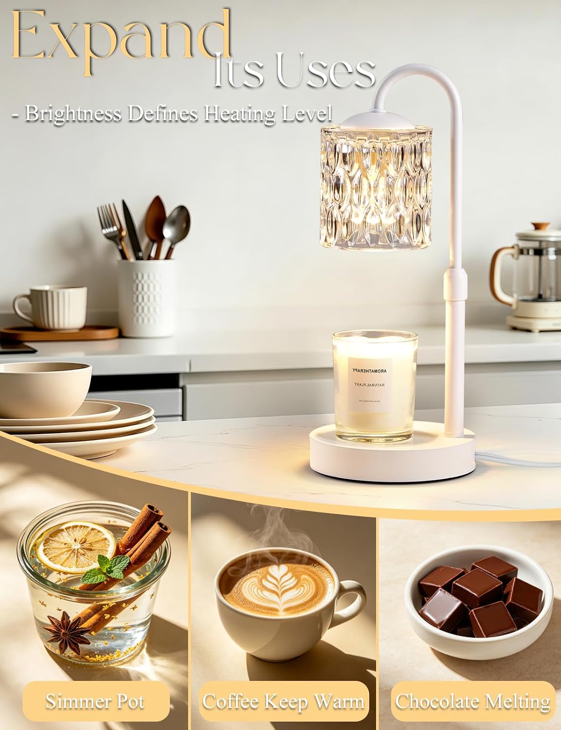 Briever Dimmable Candle Warmer Lamp with Timer, Height Adjustable Electric Candle Wax Warmer, Christmas Birthday Gifts for Women Mom, House Warming Gifts New Home Room Decor, Black Solid Wood Base