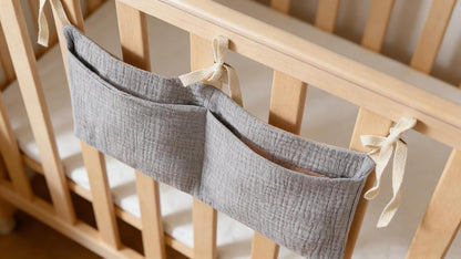 Bedside hanging bag for storing baby milk bottles and blankets - Baby diaper folding bed organizer bag - Brown