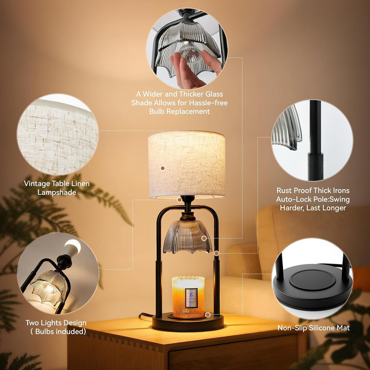Table Lamp Candle Warmer Flameless 2.5- 6.5in Height Adjustable Timer Dimmer Wax Melt Warmer Lamp for Large 3 Wicks Jar Candles Modern Bedside Lamp for Mothers Day House Warming Home Decor Living Room
