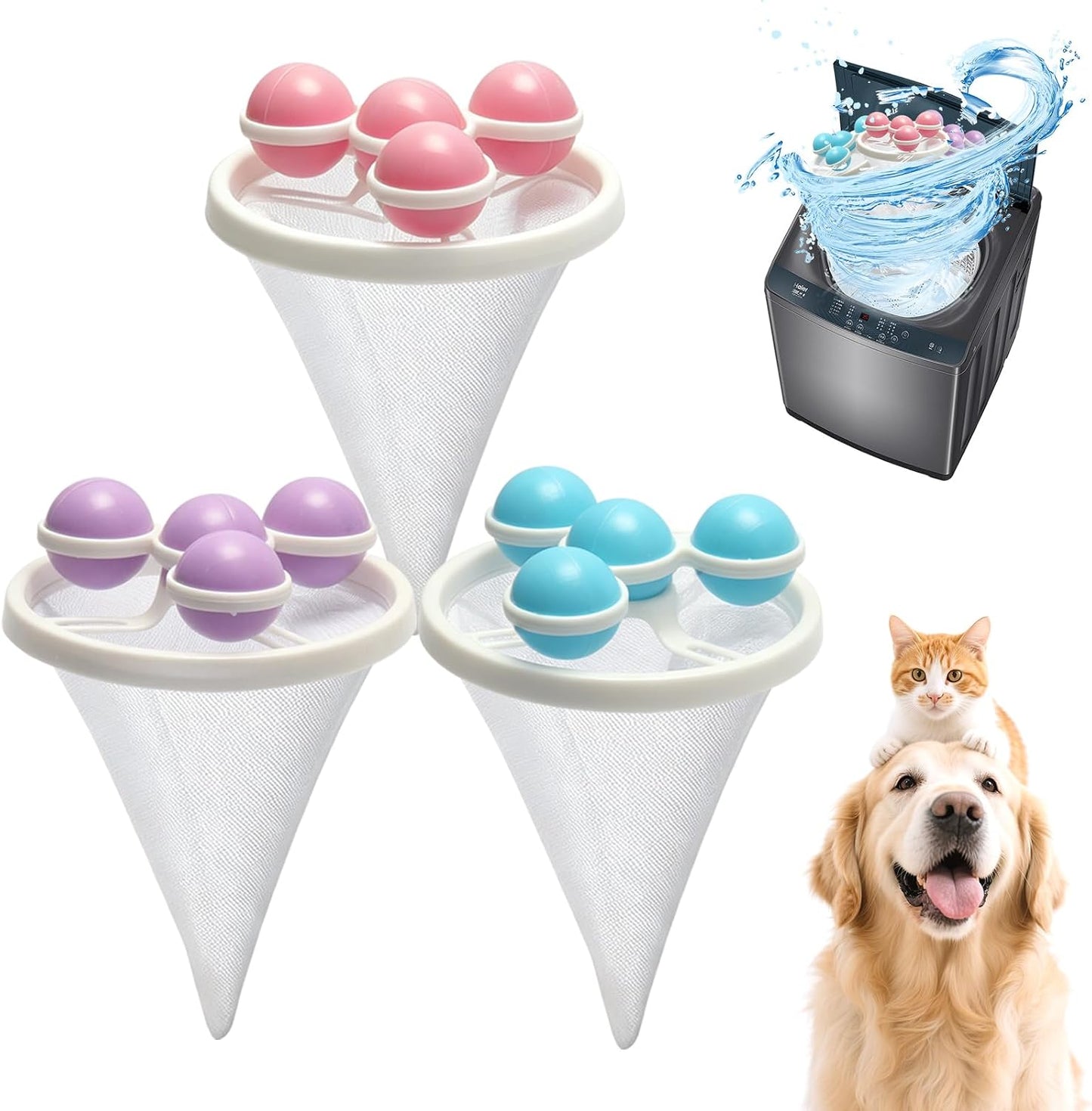 3PCS Washing Machine Hair Filter Mesh Bags, Reusable Floating Mesh Laundry Filter Bags, Washing Machine Lint Catcher for Laundry