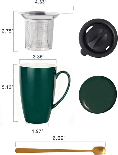 SISETOP 17 OZ Large Tea Cup with Infuser and Lid, Ceramic Tea Infuser Cup with Spoon for Loose Leaf, Microwave & Dishwasher Safe, Green