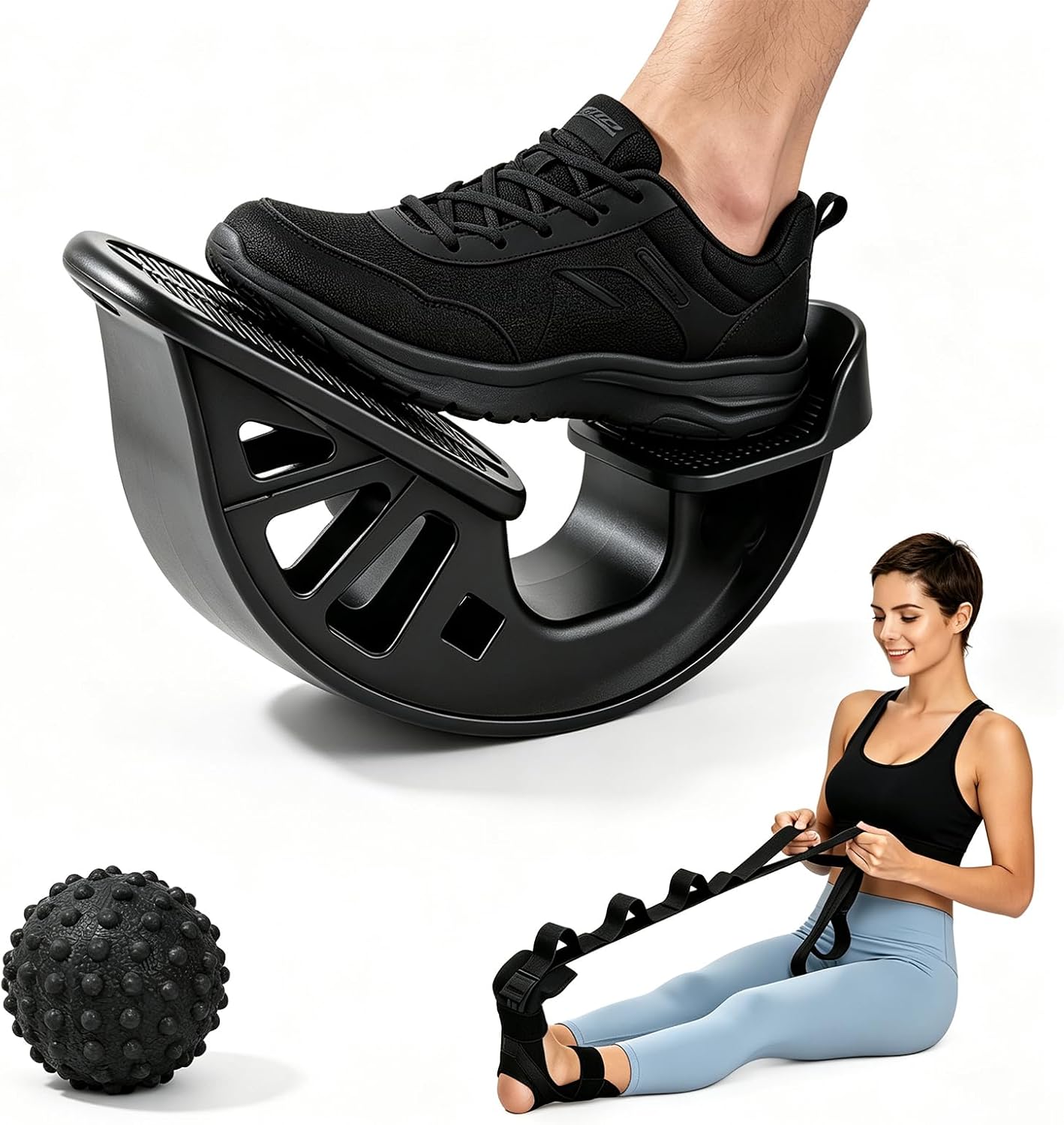 3-in-1 Calf Stretcher & Foot Rocker Kit, Portable Physical Therapy Tool with Leg Stretch Strap & Foot Massage Ball, Relief for Plantar Fasciitis, Achilles Tendonitis, Heel Pain, Yoga, Running