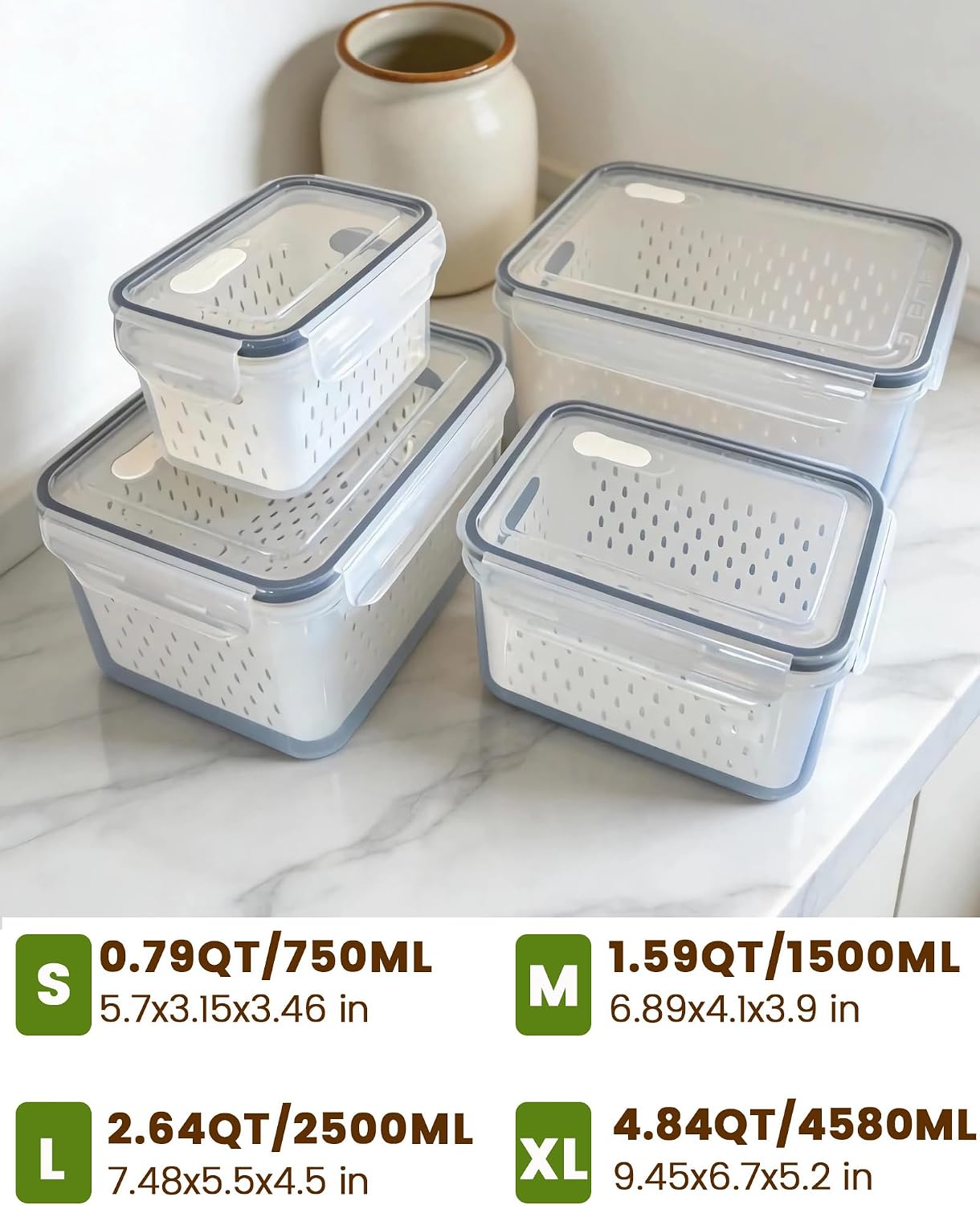 TBMax Fruit Storage Containers for Fridge Organizers and Storage, 4 Pack Large Produce Saver with Airtight Lid & Colander for Berry Lettuce Salad Vegetable Storage, Refrigerator Organizers
