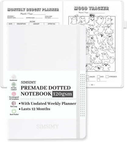 Premade Dotted Journal Notebook with Bullet Templates, Pre-made Dot Grid Journaling with Undated Weekly & Monthly Planner, Various Trackers - 12 Month Organization, A5 Hardcover