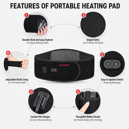 Heated Waist Belt, Cordless Lower Back Heating Pad, Black | Supports both battery-powered and adapter-powered use,Three-level adjustable temperature, rechargeable battery