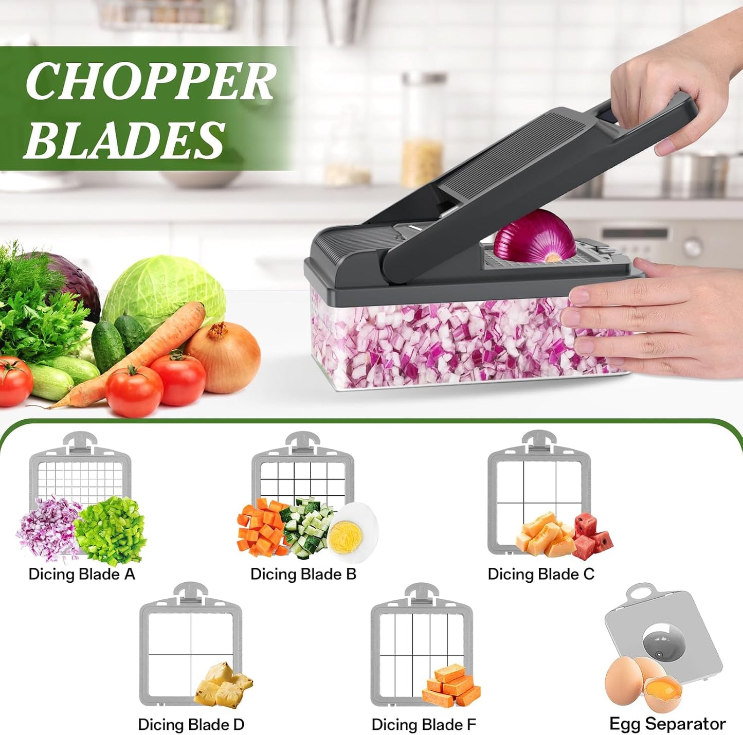 HomeHacks Vegetable Chopper Vegetable Cutter, 12 in 1 Kitchen Gadget, Dicer, Slicer, Onion Cutter, Salad, Cheese Grater & Egg Separator - Multi-Functional Veggie Chopper Lid with Handle (Green)