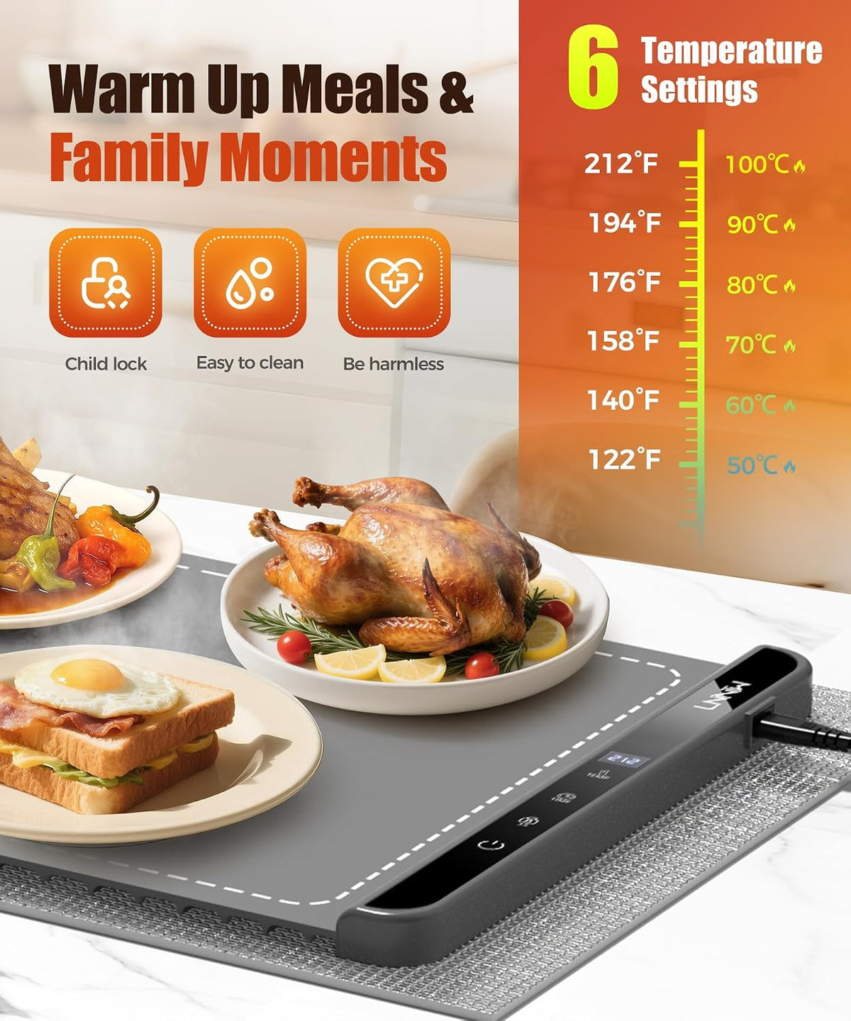 Warming Mat for Food, 26x15 Inch, Off White, Fast Heat, Child Lock
