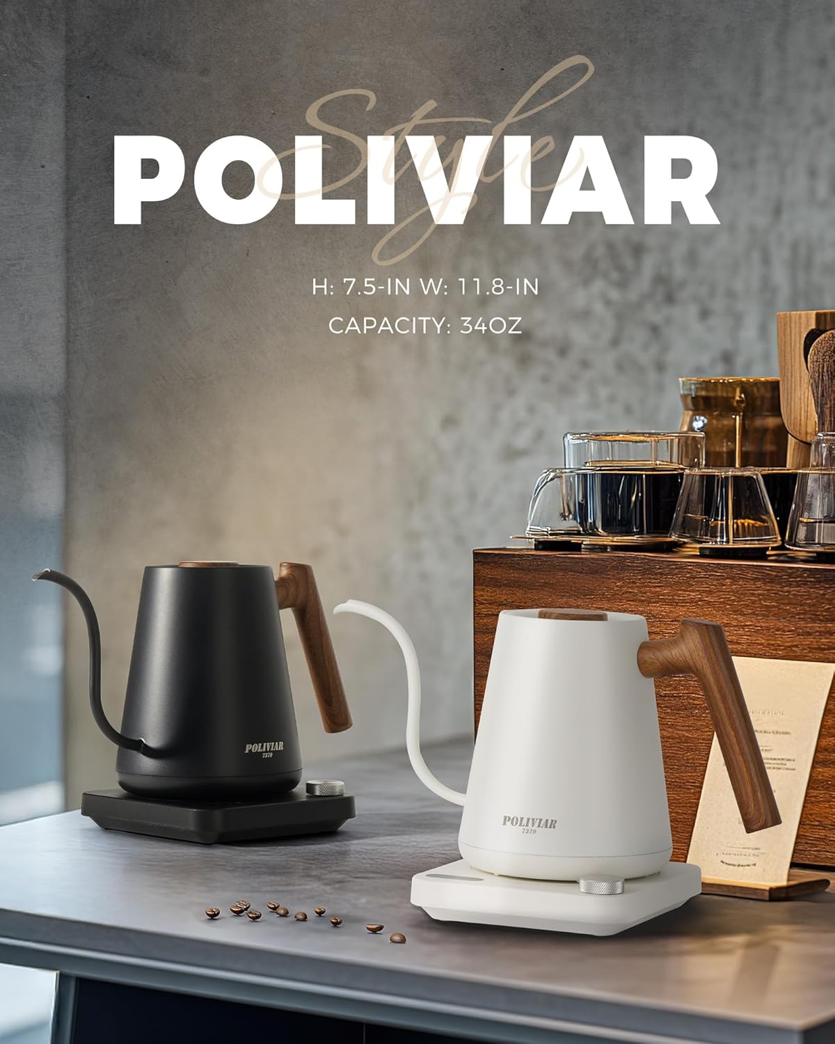 POLIVIAR Electric Gooseneck Kettle, 1350W Electric Tea Kettle Wood Pattern Handle, 34oz Pour Over Electric Kettle for Coffee & Tea, 18/8 Stainless Steel Inner, Temperature Control & Rapid Heating | 1350W, 34oz Pour Over Electric Tea Kettle for Coffee &